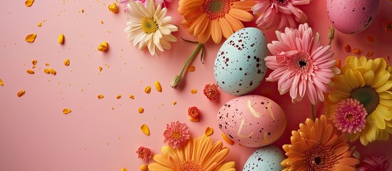 Aufkleber - Colorful Easter eggs and flowers displayed on a vibrant background with copy space image.