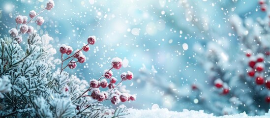 Poster - Celebrate the festive season with a charming winter landscape complete with snow and beautiful decorations against a copy space image.