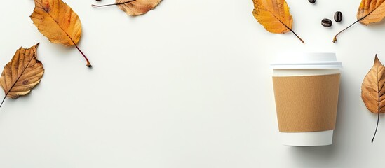 Poster - Coffee cup with autumn leaves next to it on white background, providing empty space for text or images. image with copy space