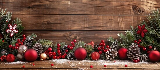 Poster - Festive Christmas decoration on wooden backdrop with copy space image available.
