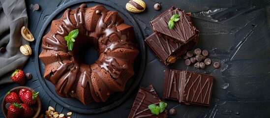 Poster - Delicious chocolate and peanut butter bundt cake with copy space image.