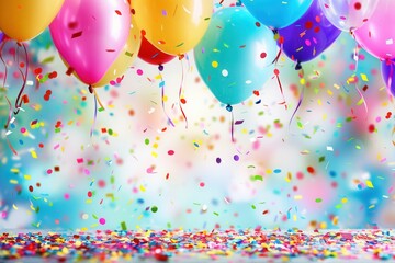 Poster - Bright balloons and confetti fall on a table against a blurry background at a childrens birthday party. Generative AI