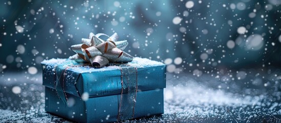 Aufkleber - Blue-wrapped Christmas gift box with copy space image, featuring a toned effect and falling snow.