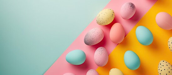 Poster - Flat lay Easter eggs on a vibrant background with copy space image.
