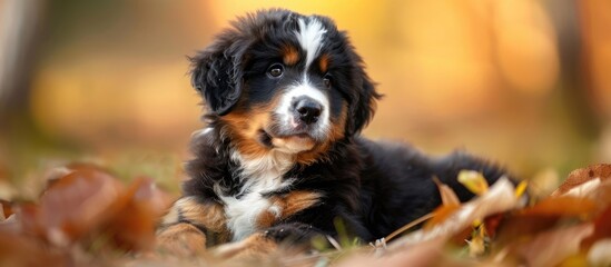 Poster - Bernese mountain dog puppy portrayed in a natural setting with ample copy space image available.