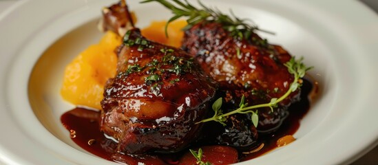 Poster - Close-up view with selective focus of duck confit in dark cherry glaze accompanied by a quince puree infused with herbs, against a plain background for a copy space image.