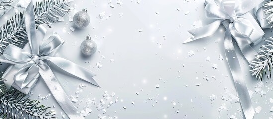 Aufkleber - Festive banner with white texture and silver ribbons on snowy background for Christmas or New Year designs with copy space image.