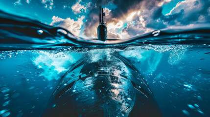 A submarine ascends through the deep blue ocean, breaking the surface and revealing a breathtaking view of the sky and clouds