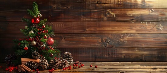 Poster - Christmas greeting card featuring a fir tree, spices, against a wooden wall with available copy space image for your holiday message.