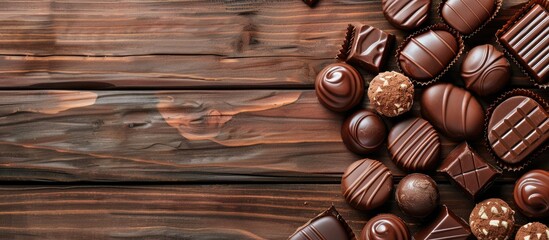 Poster - Chocolate candy displayed on a wooden backdrop with copy space image.
