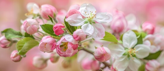 Aufkleber - Blooming pink and white apple blossoms and buds, creating a picturesque scene with copy space image.