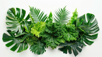 Top view of tropical palm kale foliage isolated on a bright white backdrop, emphasizing its tropical appeal