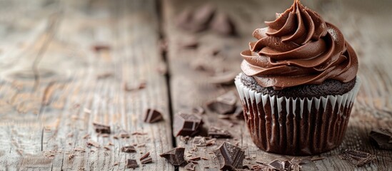 Poster - Delicious chocolate cupcake on rustic white wood with chocolate cream on top, ideal for adding a text or logo in the copy space image.