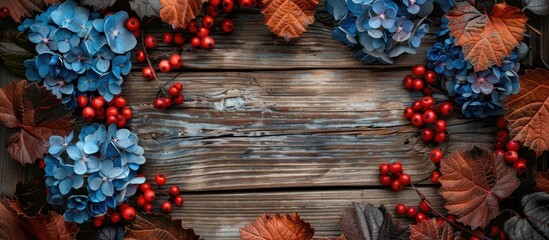 Poster - Beautifully fall-themed arrangement with blue hydrangea and red mountain ash berries, framing a rustic old wooden background for a copy space image.