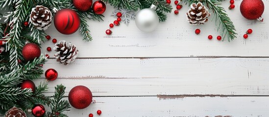 Poster - Christmas holiday art composition with festive decorations on a white wooden background, including a Christmas tree, creating a charming scene with room for your text in the image