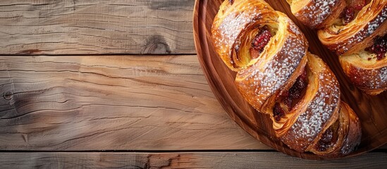Poster - Delicious homemade fruit bun on a wooden surface with selective focus for a copy space image.