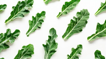 Wall Mural - Top-down view of fresh palm kale leaves isolated on a white surface, emphasizing their exotic beauty