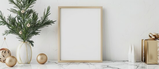 Poster - Festive indoor setting featuring a mockup frame surrounded by Christmas tree branches in a vase and golden ornaments against a white wall and marble table backdrop. Ample copy space image available.