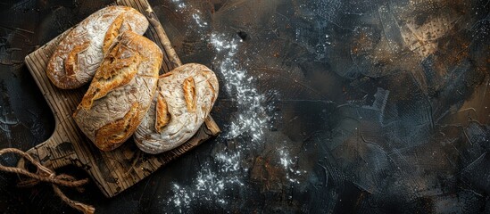 Poster - Flat lay arrangement of rustic bread on a dark background with a handmade cutting board, featuring copy space image.