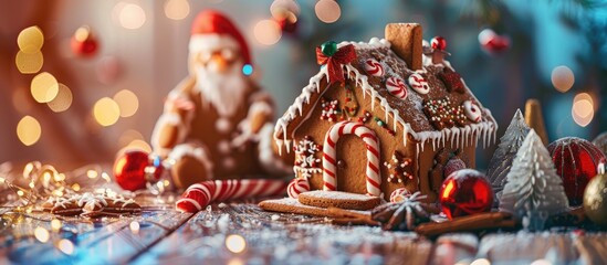 Poster - European Christmas holiday traditions include creating a delicious gingerbread house adorned with festive decorations, perfect for a copy space image.
