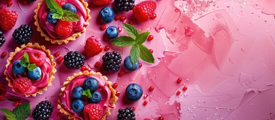 Poster - Colorful background enhances the sweet berry tartlets in the copy space image.