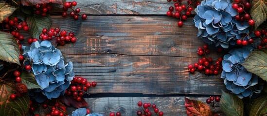 Poster - Beautifully fall-themed arrangement with blue hydrangea and red mountain ash berries, framing a rustic old wooden background for a copy space image.