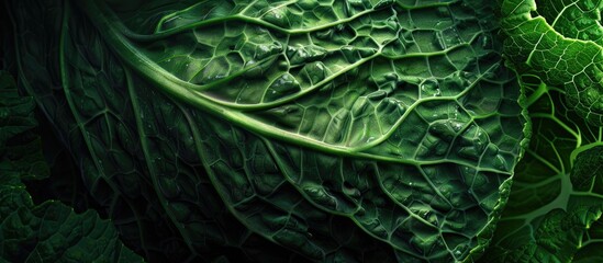 Poster - Close-up shot of a crinkled green savoy cabbage leaf, ideal as a food background with selected focus on a textured copy space image.