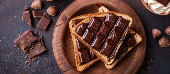 Poster - Delicious Nutella toast with chocolate sauce and cream in a wooden dish on table background with copy space image.