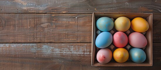 Poster - Easter eggs displayed in a box on a wooden surface, perfect for featuring text or images. image with copy space