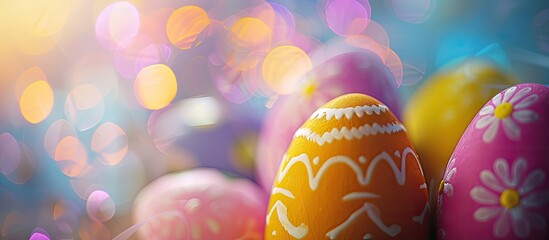 Aufkleber - Easter eggs on a Happy Easter greeting card with a soft focus and bokeh effect, captured from a top view to display a copy space image.