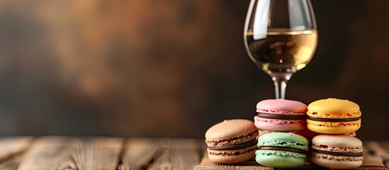 Poster - Colorful macaroons from a French bakery displayed on a wooden table with a wine glass, creating a relaxing morning scene with copy space image.