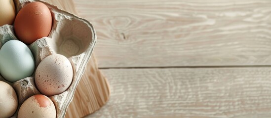 Poster - Easter eggs displayed in a carton on a light wooden surface with room for text. Copy space image.