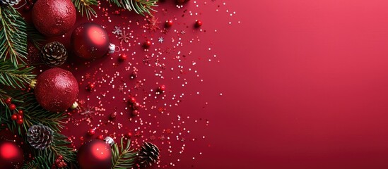 Poster - Festive Christmas card with seasonal decorations like baubles and glitter on a red background, conveying a Merry Christmas and happy New Year wish. Flat lay design with ample copy space image.