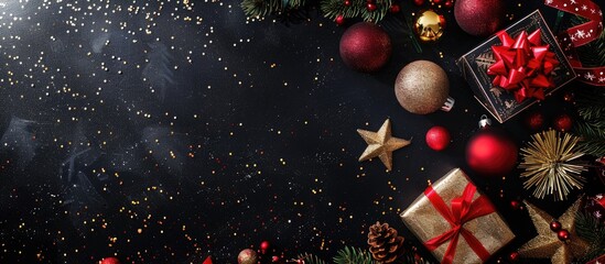 Poster - Copy space image of Christmas decorations, gifts, and glitter on a festive black background for the holidays.