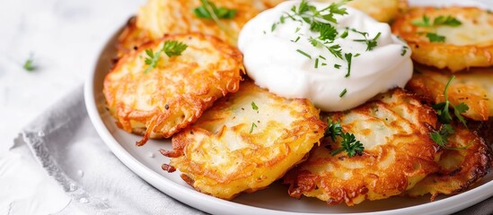 Poster - Close-up image of Belarusian potato pancakes on a white plate with white sour cream and green herbs, set on a white background with copy space.
