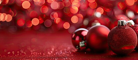 Poster - Christmas baubles in red, decorating a shiny red backdrop with ample copy space image.