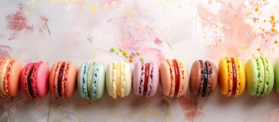 Poster - Colorful macaroons displayed against a pale backdrop provide an appealing copy space image.