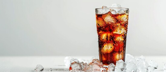 Poster - Close up of a glass of cola with ice, isolated on a white background, perfect for a copy space image.