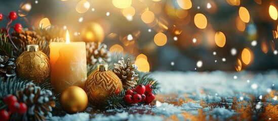 Poster - Festive Christmas decorations include a candle, xmas toys, and a New Year and Christmas background in a copy space image.