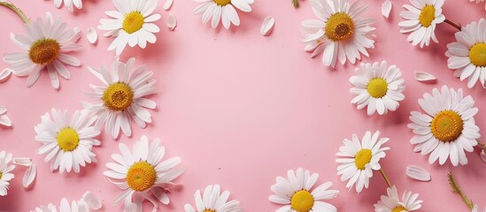 Poster - Chamomile flowers in a circular frame on a pink backdrop with white daisies and yellow centers, ideal for spring or summer themes, with room for text. image with copy space