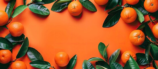 Poster - Flat lay of fresh ripe tangerines with green leaves on an orange background, creating a frame with copy space image.
