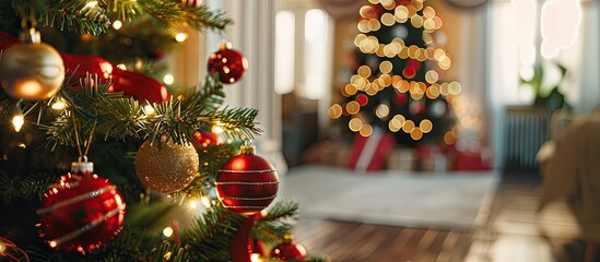 Poster - Close-up of a beautifully decorated Christmas tree with toys, baubles, and a festive interior setting, ideal for New Year celebrations and holiday themes with copy space image.