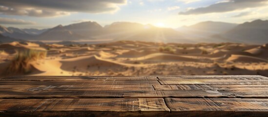Poster - Blur desert background accompanies wooden table top. Enjoy cold drinks like juice and water in hot weather for a refreshing experience. Ideal for product displays with a view of copy space image.
