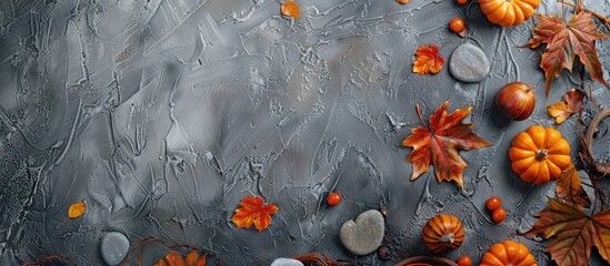 Poster - Autumn decor with leaves, pumpkins on stone backdrop in flat lay style. Top view of scene with ample copy space image available.