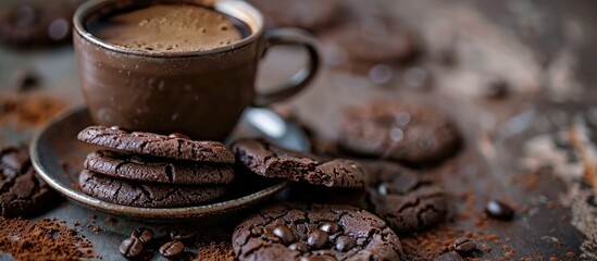 Poster - Close up of chocolate cookies and coffee cup, creating a symbolic copy space image representing a delicious snack or sweet dessert with selective focus.