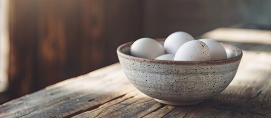 Poster - Close-up of natural chicken eggs in a ceramic bowl on a wooden table, perfect for food, culinary, and cooking concepts with copy space image.