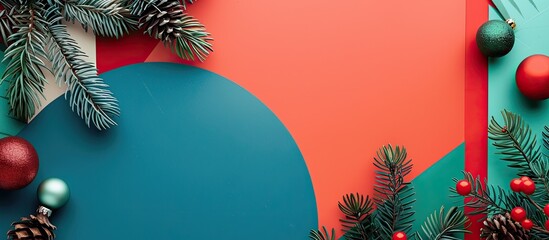 Poster - Christmas-themed flat lay with circular paper, pine branches, and festive ornaments on a vibrant backdrop. View from above with room for text, copy space image included.