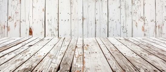 Poster - Aged white wooden deck backdrop with room for text. Rustic wood surface with copy space image.