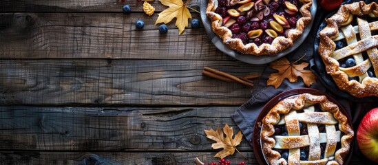 Poster - Autumn pies like blueberry tart, chantarelle galette, and classic apple pie with sweet crust on a rustic background for text in a harvest baking theme with copy space image.