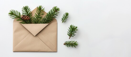 Poster - Christmas greeting card mockup on a craft paper envelope decorated with fir tree branches, displayed flat on a white background, featuring copy space for text.